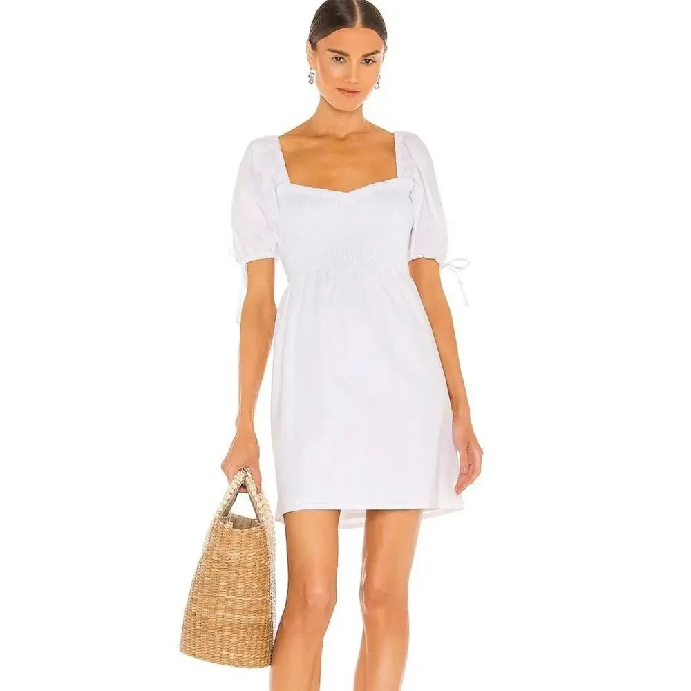 Faithfull The Brand X Revolve Wendy Mini Dress Plain White Size 2 Puff Sleeves - Picture 3 of 12